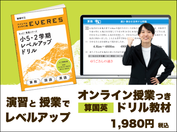 小5・2学期レベルアップドリル 演習と授業でレベルアップ／オンライン授業つき 算国英 ドリル教材 1,980円（税込）